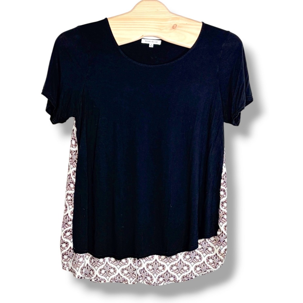 Rose + Olive Mixed Media Top 1X Black Damask Print Button Back Tunic